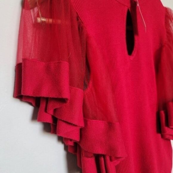 New York & Company red ribbed with butterfly sleeves high neck - Picture 5 of 13